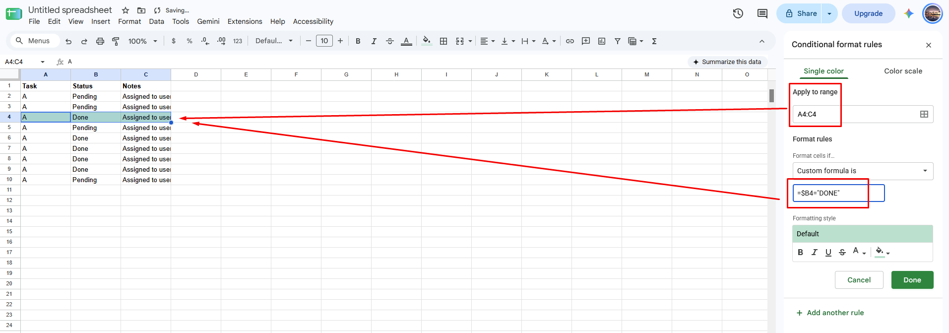 Screenshot of a conditional formatting rule working as intended