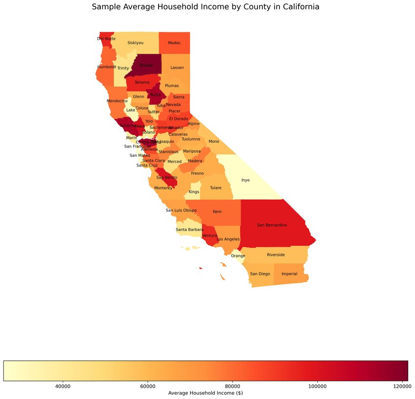 Example annotated map of average household incomes in California . Created in seconds with Julius AI