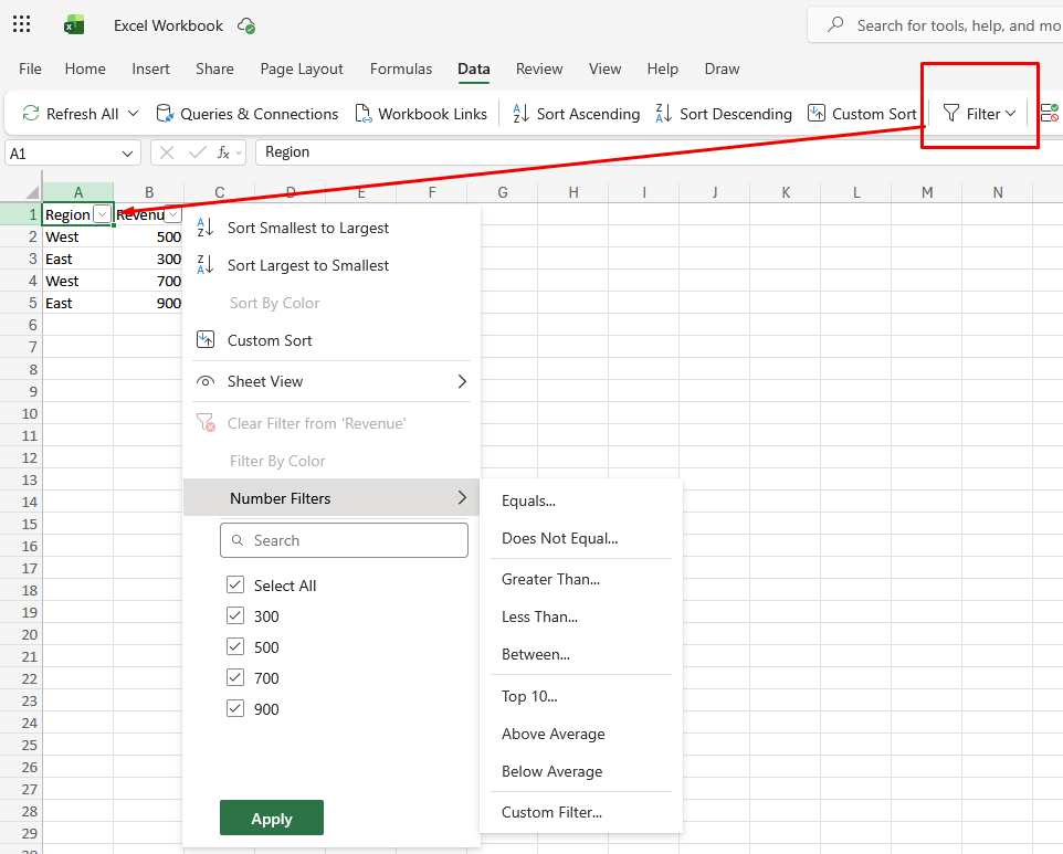 Screenshot of the Number Filters menu in Excel for web