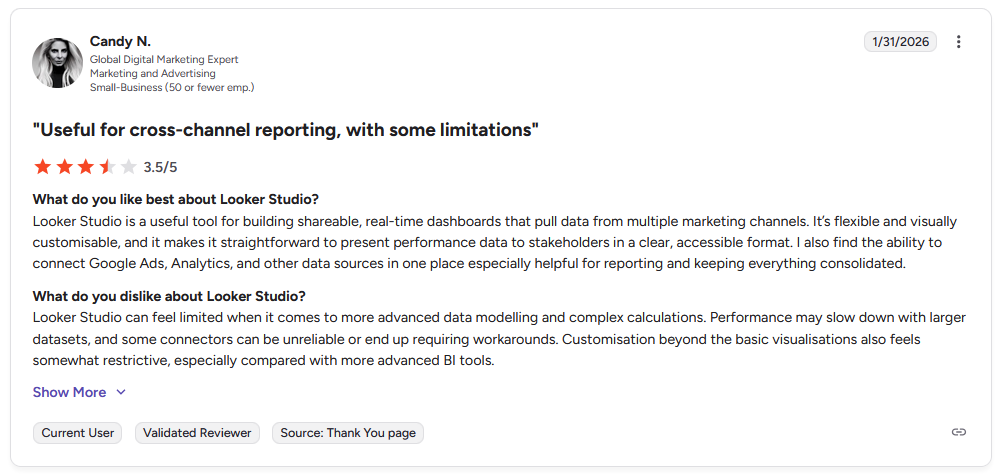 G2 review from Candy N. saying Looker Studio works well for cross-channel reporting but has limits with advanced data modeling, large datasets, and some connectors.