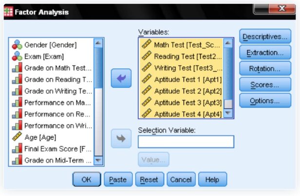 SPSS Factor analysis - Add Variables Box