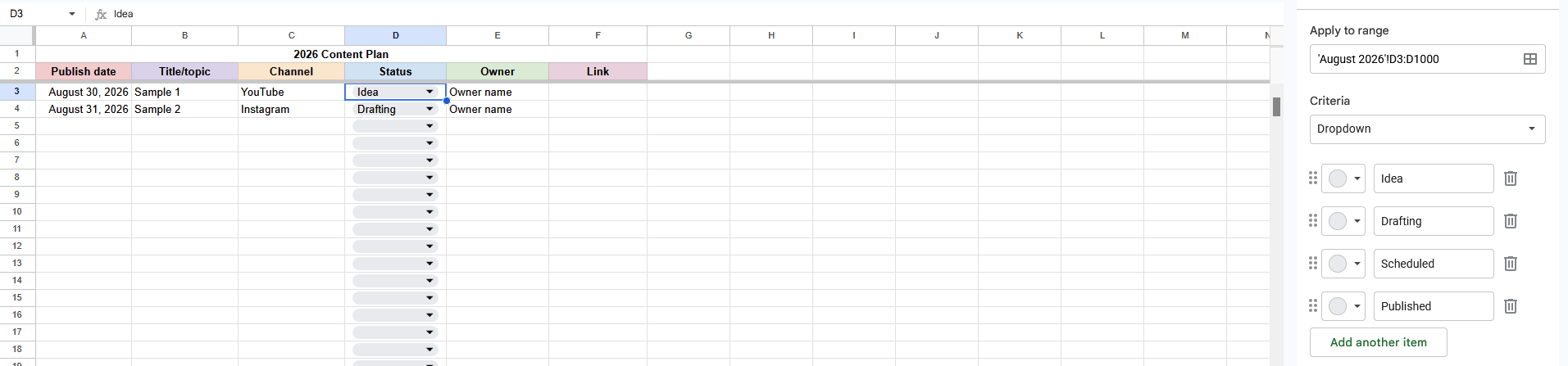 Data validation with dropdown options