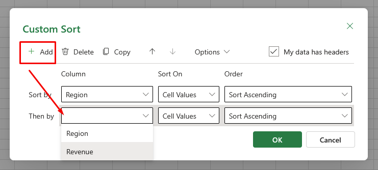 Screenshot of adding another row to Custom Sort in Excel for web