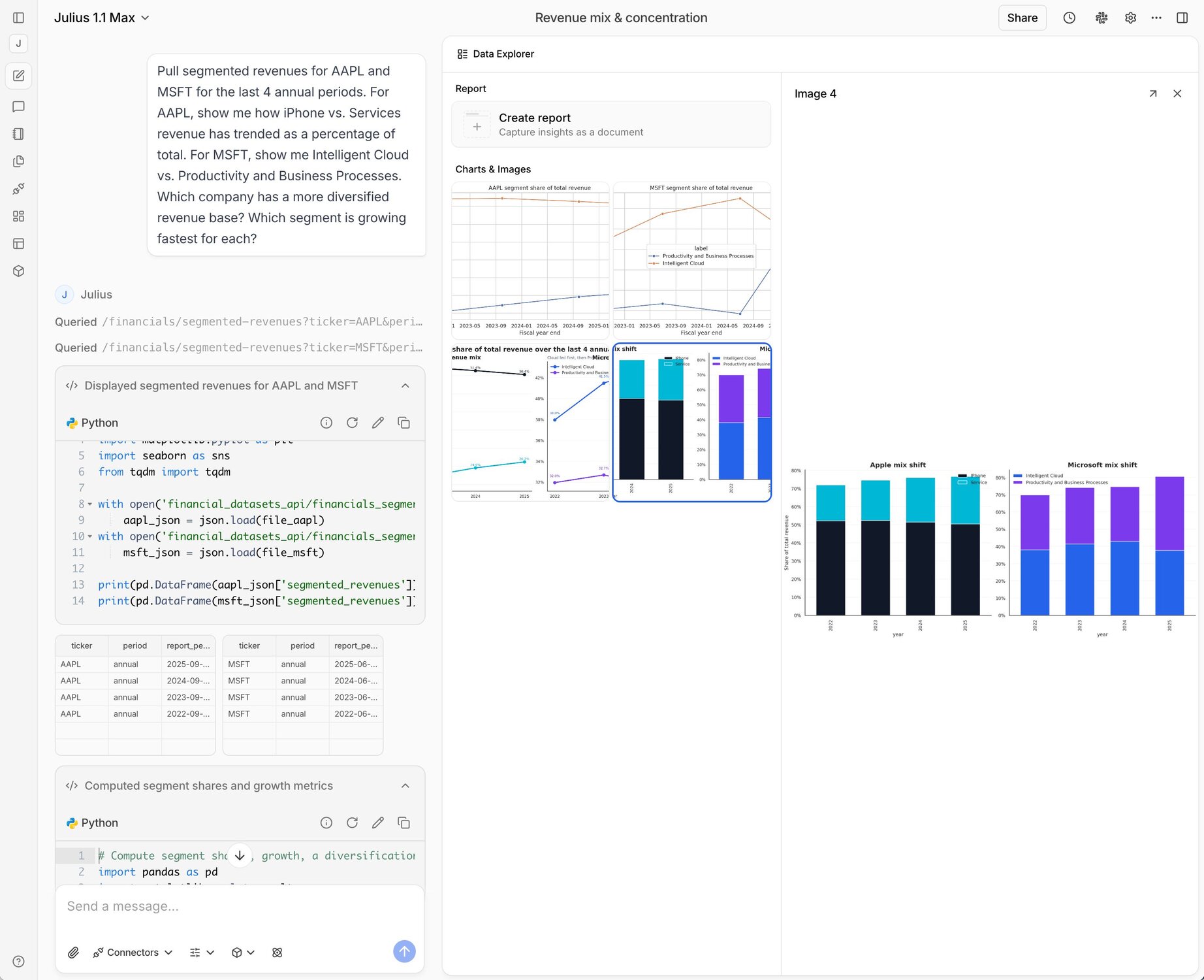 Prompt and Julius interface for revenue mix and concentration