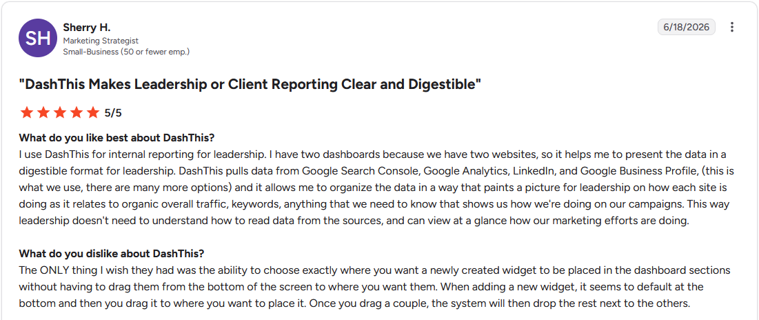Review by Sherry H. on G2