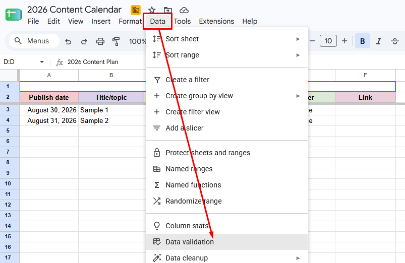 Content calendar in Google Sheets example