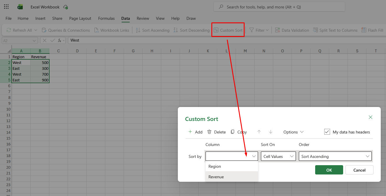 Screenshot of the Custom Sort dialog in Excel for web