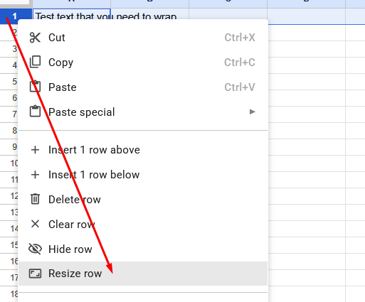 Dropdown menu with resize row selected