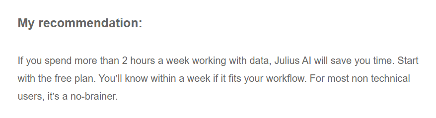 Positive Fahimai review describing how Julius AI helps turn datasets into charts and summaries quickly for easier analysis.