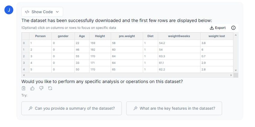 Preview of imported dataset in Julius 