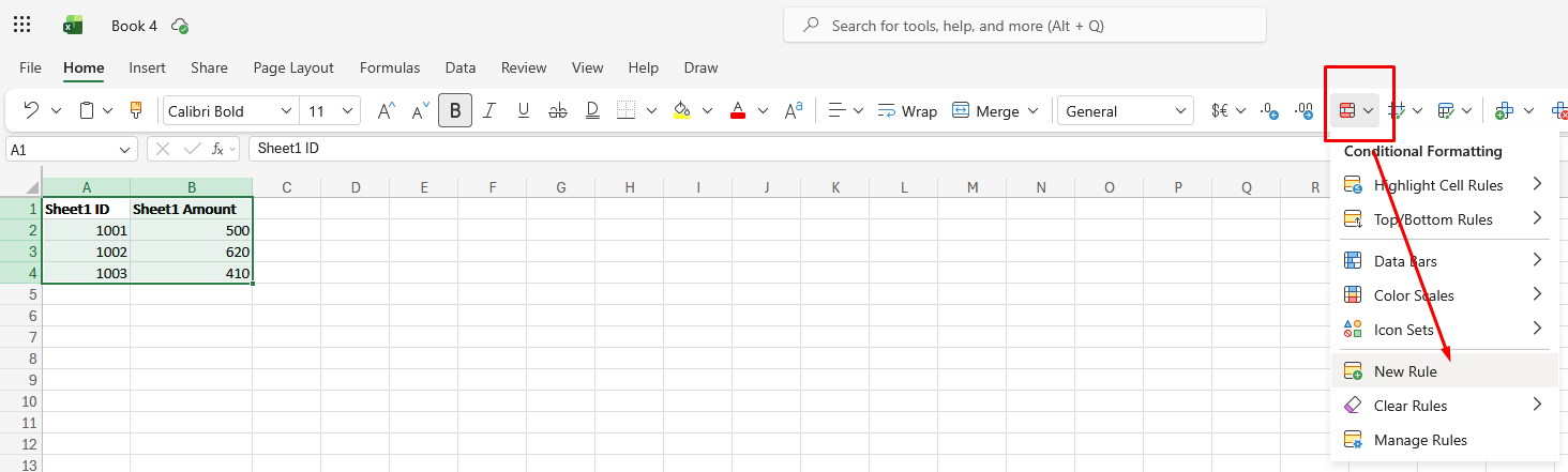 Screenshot of Excel for Web with conditional formatting dropdown, and new rule highlighted