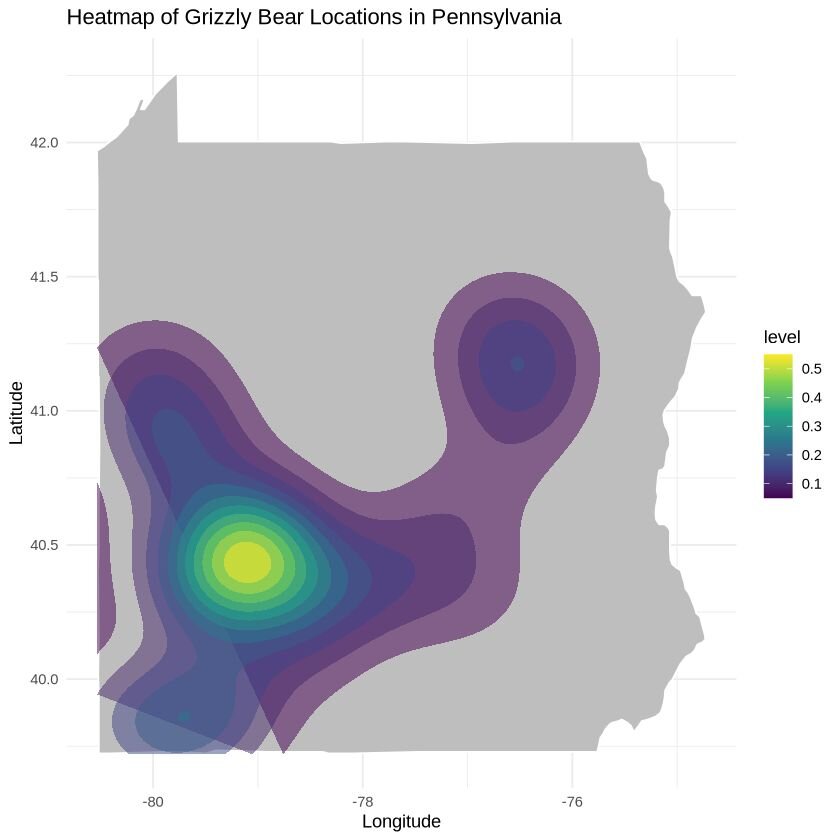 Heatmap of Grizzly Bear Locations in Pennsylvania