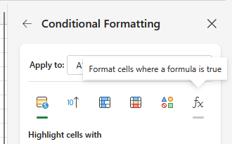 Screenshot of the conditional formatting tab, with the fx icon highlighted
