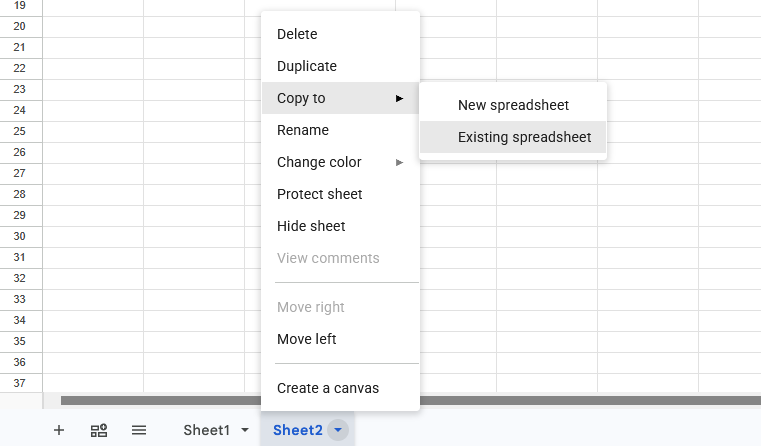 Screenshot of the right-click menu showing Copy to > Existing spreadsheet