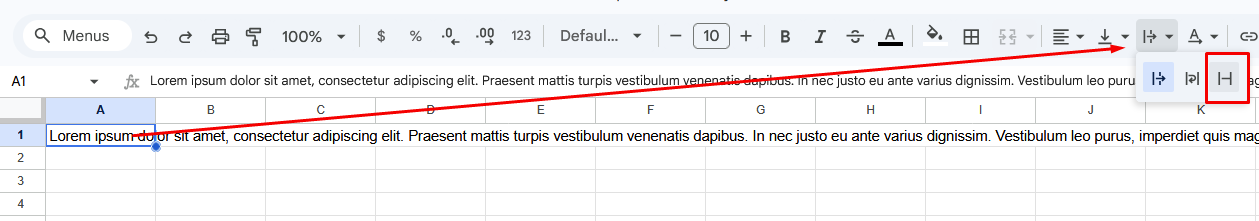 Highlighted cell and text wrapping icon with clip icon selected