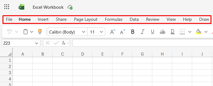 Screenshot of the ribbon in Excel for the web