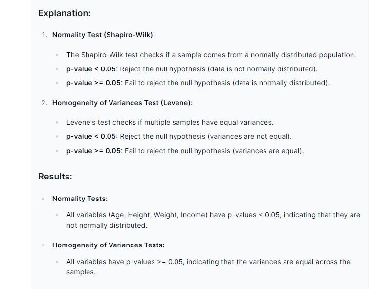 Explanation and Results of normality tests, homogeneity of variances tests