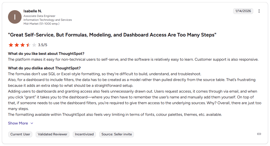 G2 review by Isabelle N., associate data engineer, mid-market company, 3.5 out of 5 stars, January 14, 2026, titled Great Self-Service, But Formulas, Modeling, and Dashboard Access Are Too Many Steps