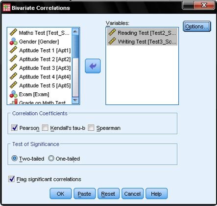 SPSS Bivariate Correlations - Variables