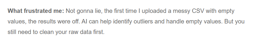 Fahimai review noting that uploading a messy CSV file with missing values produced inaccurate results until the source data was cleaned.