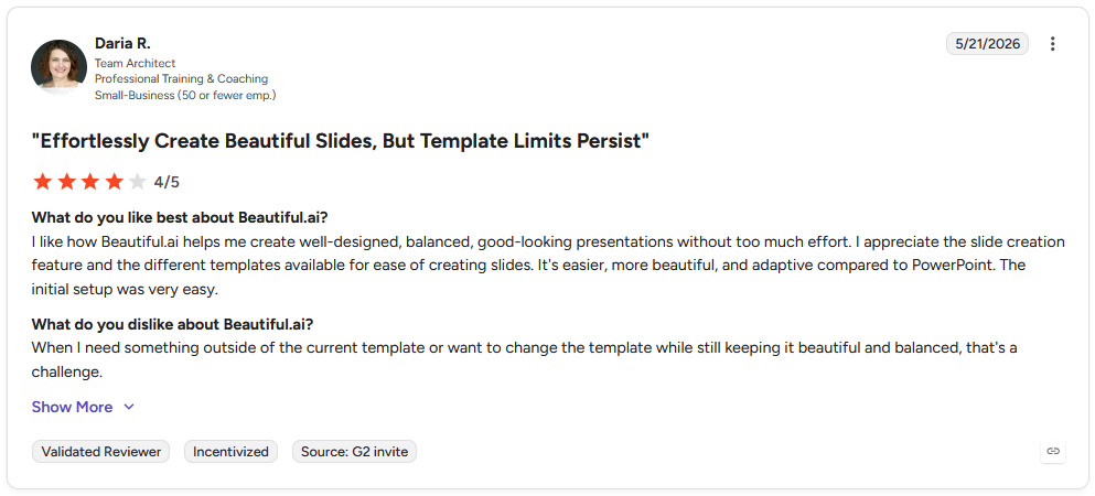 G2 review by Daria R., Team Architect, Professional Training & Coaching, 4/5 stars, May 21, 2026