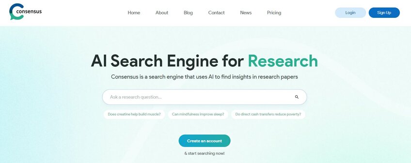 Consesus AI Search Engine for Research Front Page