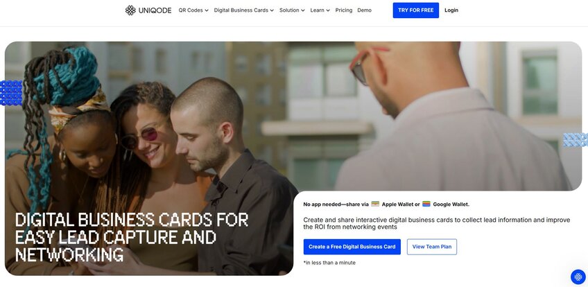 Uniqode is a digital business card and QR code management platform with AI-powered features for customizing cards and QR codes, tracking performance, and streamlining lead generation.