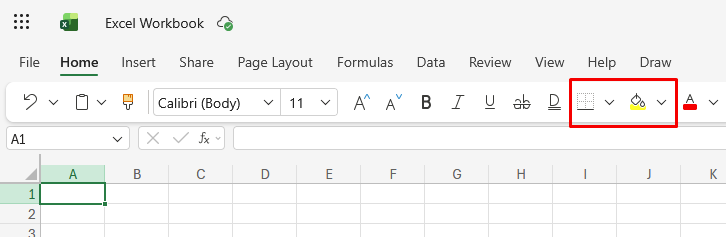 Screenshot of the Excel on the Home tab with border and shading highlighted