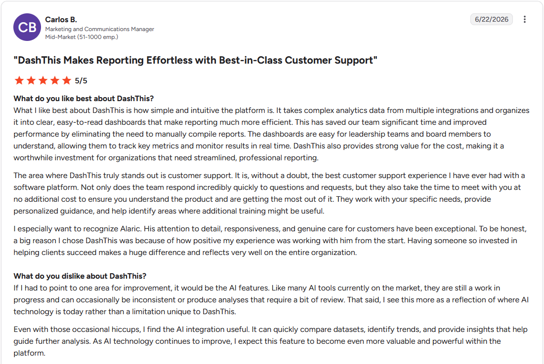 Review by Carlos B. on G2