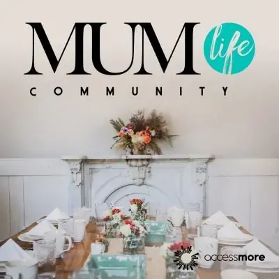 Table with place settings and fireplace with text MUM Life Community