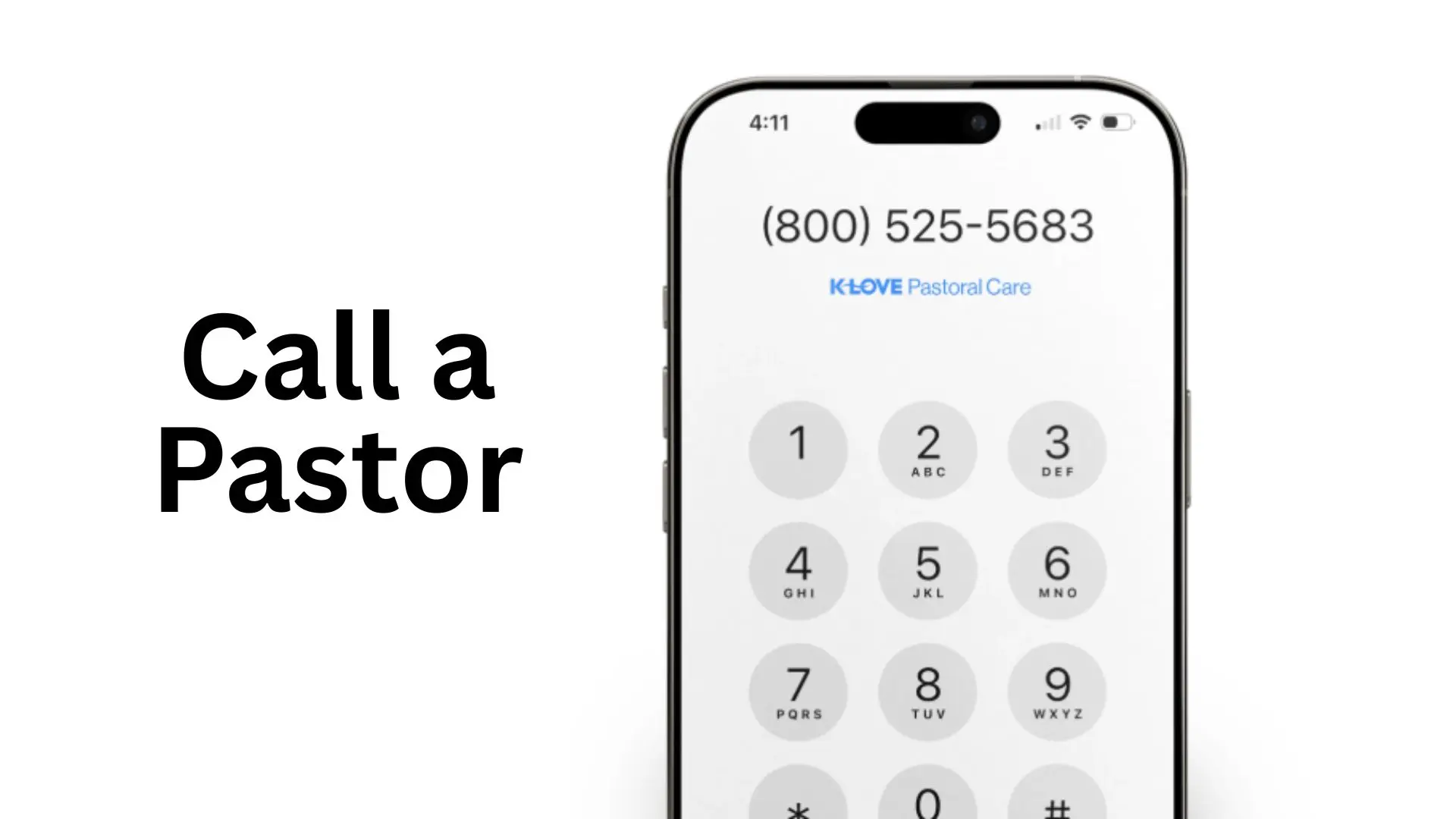 cell phone with call screen open and text "Call a Pastor"