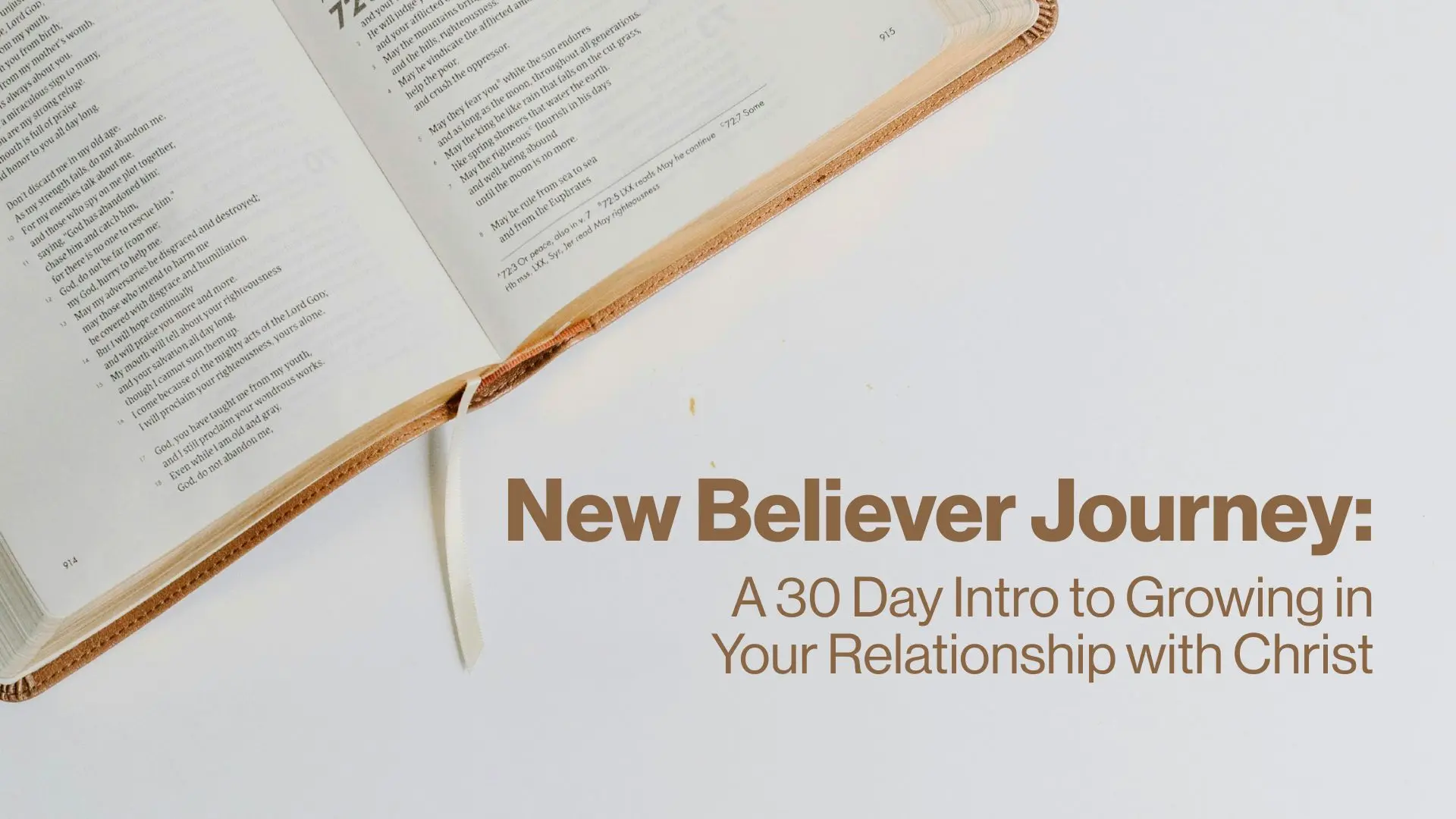 Bible laying on white table with text that reads "New Believer Journey: A 30 Day Intro to Growing in Your Relationship with Christ"