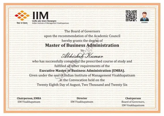 Sample Certificate - IIM Visakhapatnam - Executive MBA (EMBA)