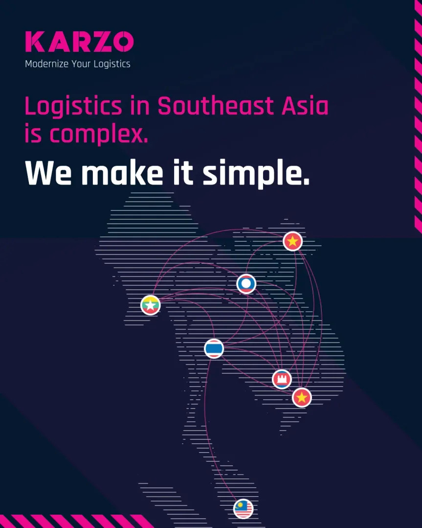 Stylized map of Southeast Asia with glowing red dots and connected lines, depicting a logistics network