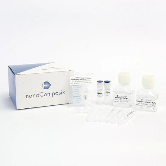 nanoComposix laboratory kit containing reaction buffer, purification buffer, vials, tubes, and packaging box for nanoparticle use.