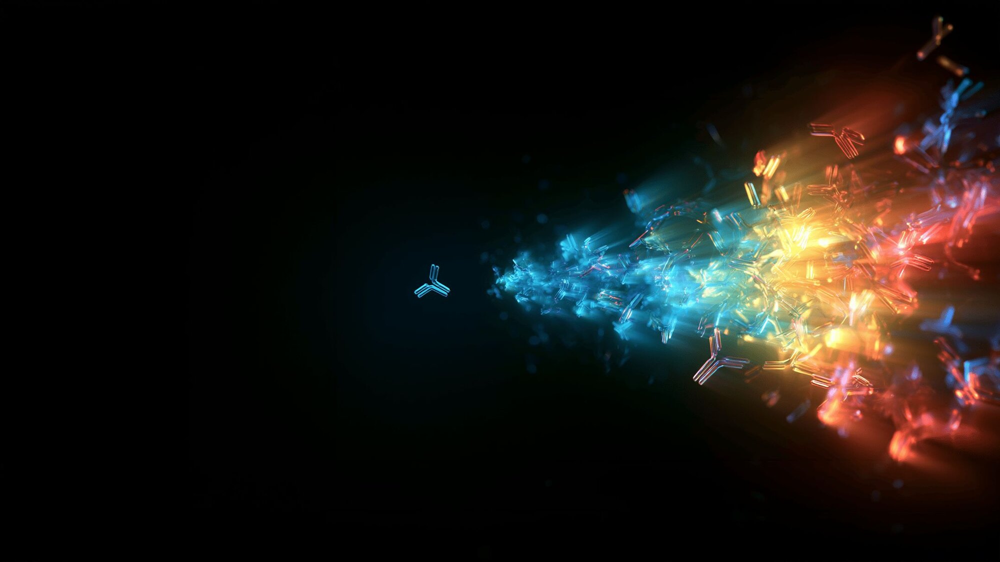 Fluorescent antibody structures scattering across a dark background