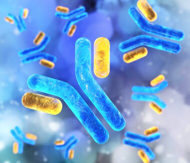 3D illustration of blue and yellow antibodies highlighting antigen binding, symbolizing immune defense and diagnostics.