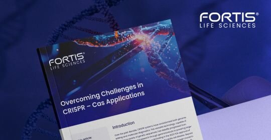 Fortis Life Sciences brochure titled 'Overcoming Challenges in CRISPR-Cas Applications,' featuring a vibrant design with DNA strands and a scientific theme on a blue background.