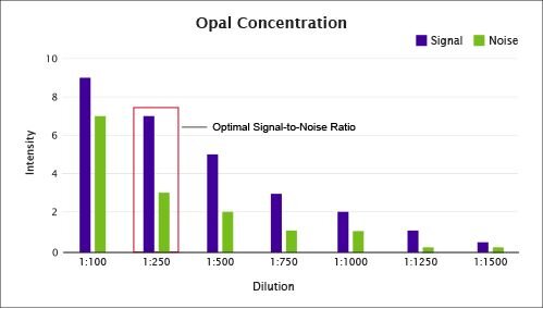 Bar graph of opal concentration dilutions showing signal vs noise intensity with optimal signal-to-noise ratio