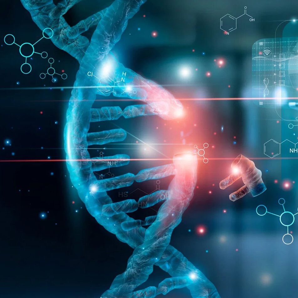 Illustration of a DNA double helix with molecular structures and digital analysis elements.