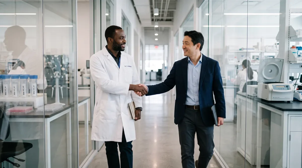 Fortis team member greeting a partner in a lab hallway