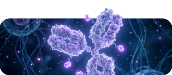 Purple Y-shaped antibody surrounded by cell membranes and glowing purple particles on a dark starry background