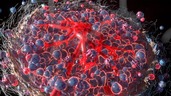 A 3D model of the tumor microenvironment, with cells in a metallic blue shade and bright red blood vessels running throughout.
