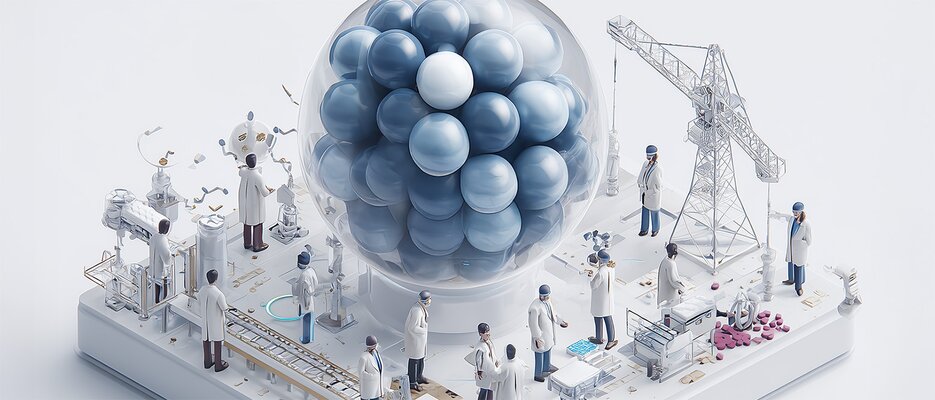 Researchers in lab coats assemble a large molecular structure, symbolizing biotech R&D