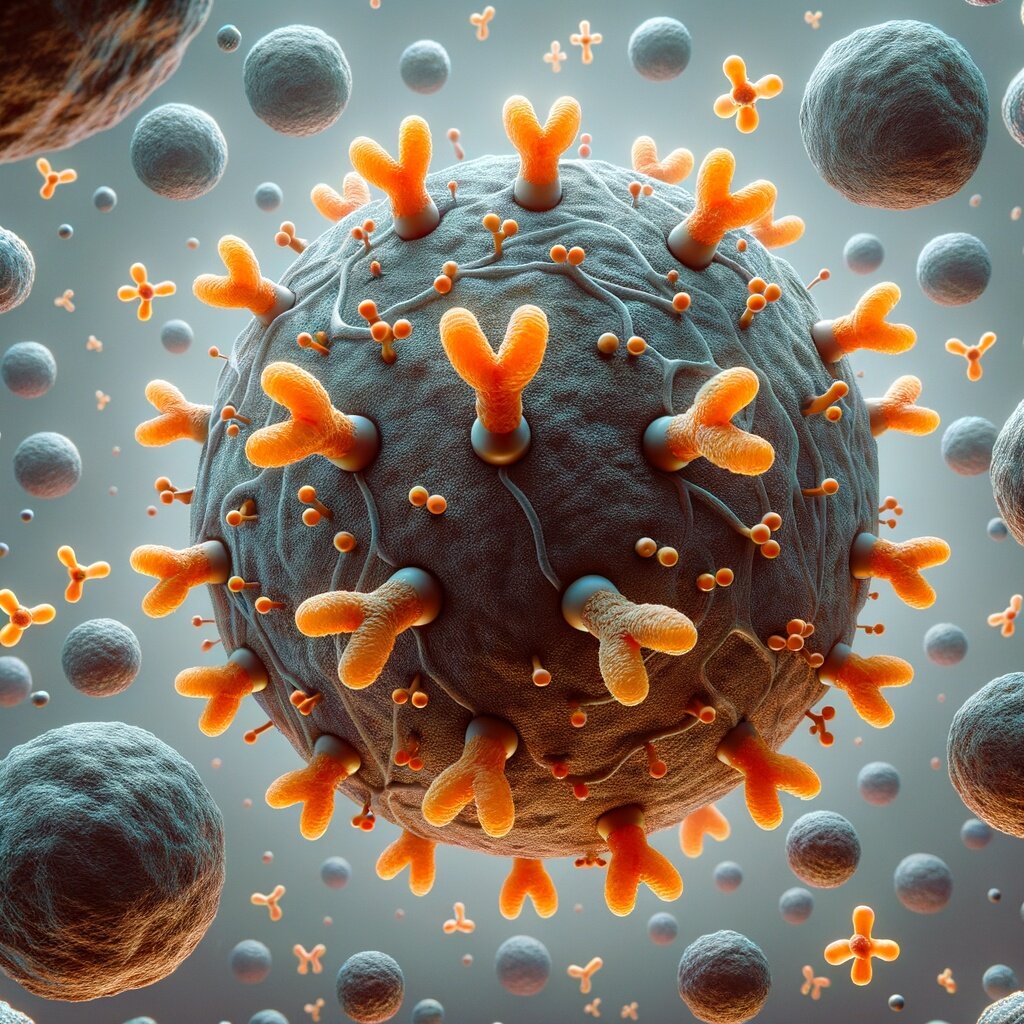 Zoomed in view of a gray nanoparticle with antibodies, in orange, evenly spaced around the outside.