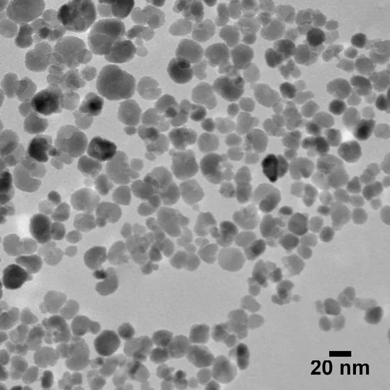 Transmission electron microscopy (TEM) image showing dispersed spherical nanoparticles with a 20 nm scale bar.