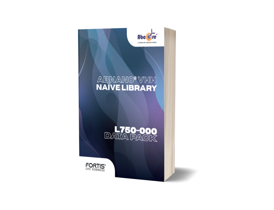 AbNano® VHH naïve nanobody library data pack cover showing L750,000 dataset from Fortis Life Sciences.
