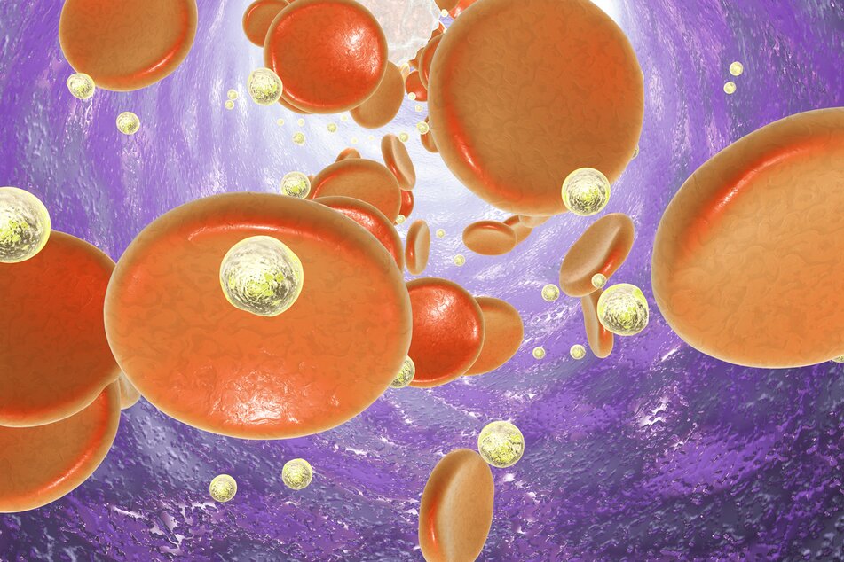 3D illustration of red blood cells and gold nanoparticles flowing in a vessel