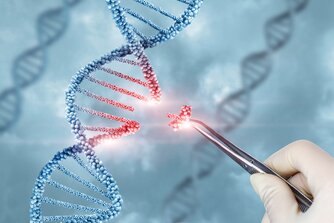 Image depicting a hand with a gene-editing tool engaged with a DNA strand, emphasizing the application of Cas enzymes in CRISPR technology