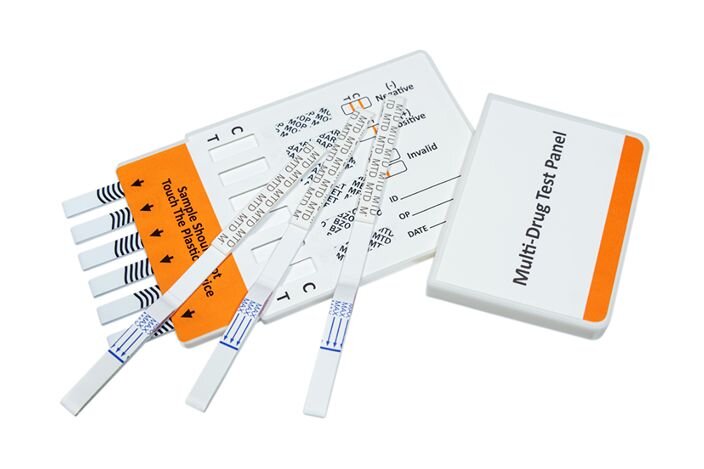 Multi-drug rapid test panel kit with several dip test strips.